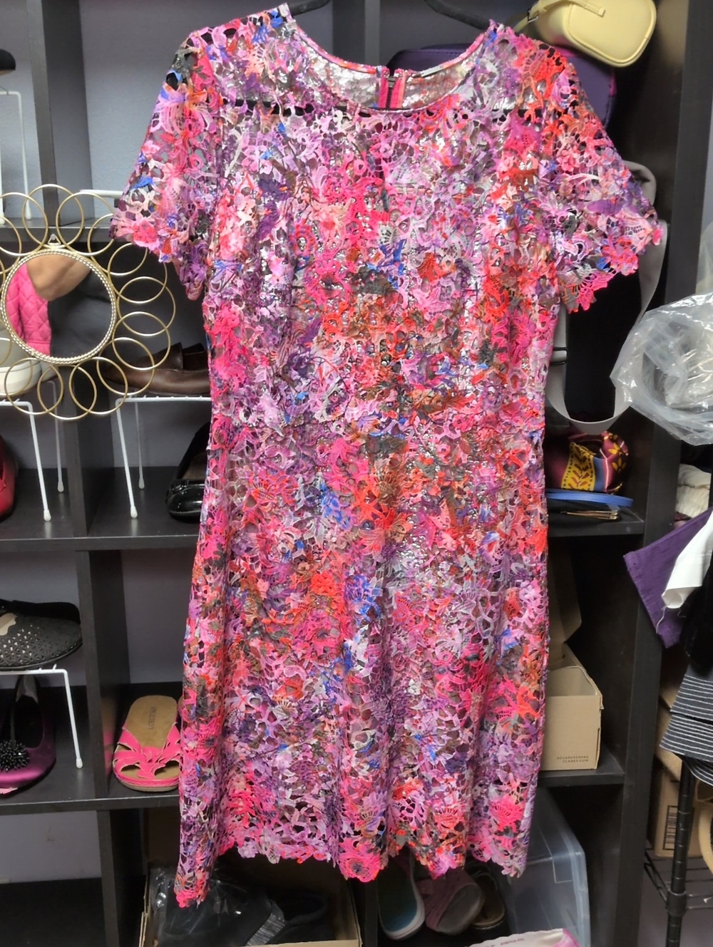 Elie Tahari Multicolor Pink Floral Lace A-Line Dress